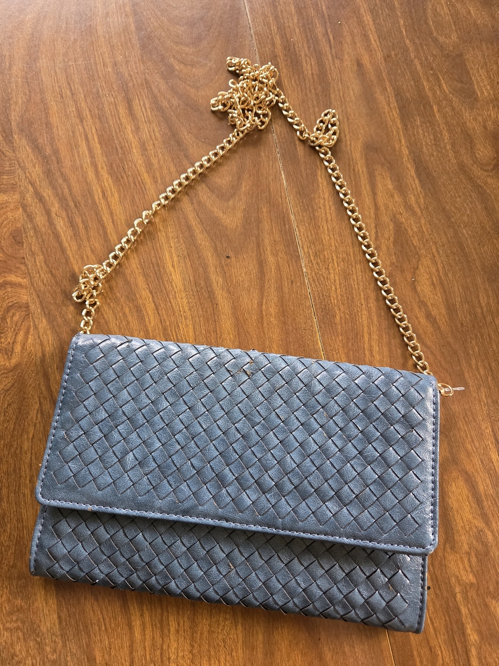Woven Leather Crossbody Bag in Slate Blue with Gold Chain